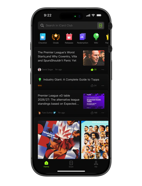 iCard Club sports card app home screen with scanning tools and collector community posts
