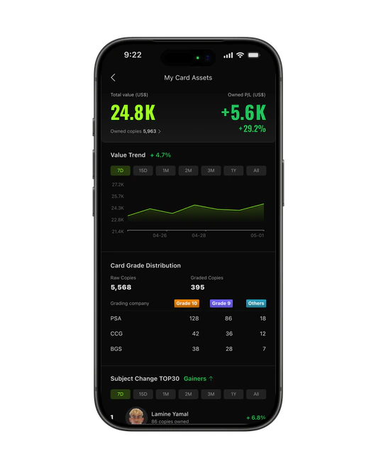 iCard Club sports card collection tracker showing total value and value changes
