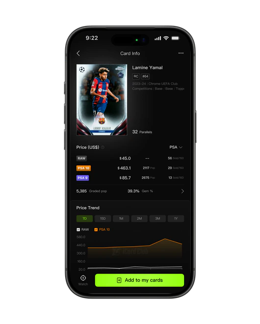 iCard Club sports card price guide showing card values and price trends